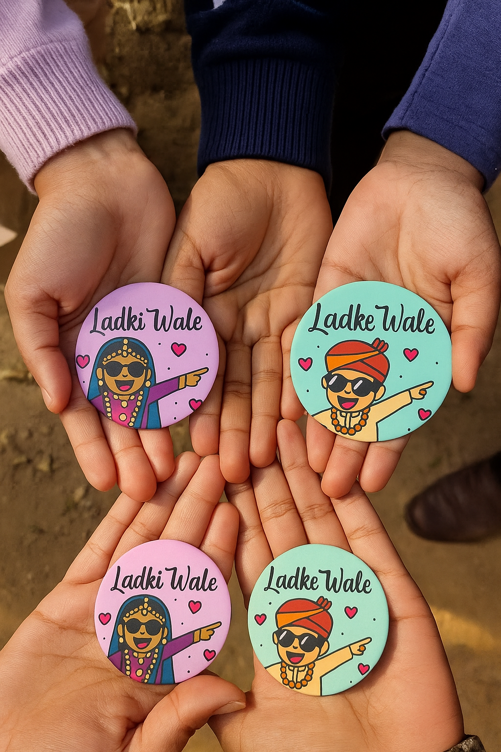 Set of 20 | Ladki wale-Lake wale – Photo Pin Badge | 58 mm |